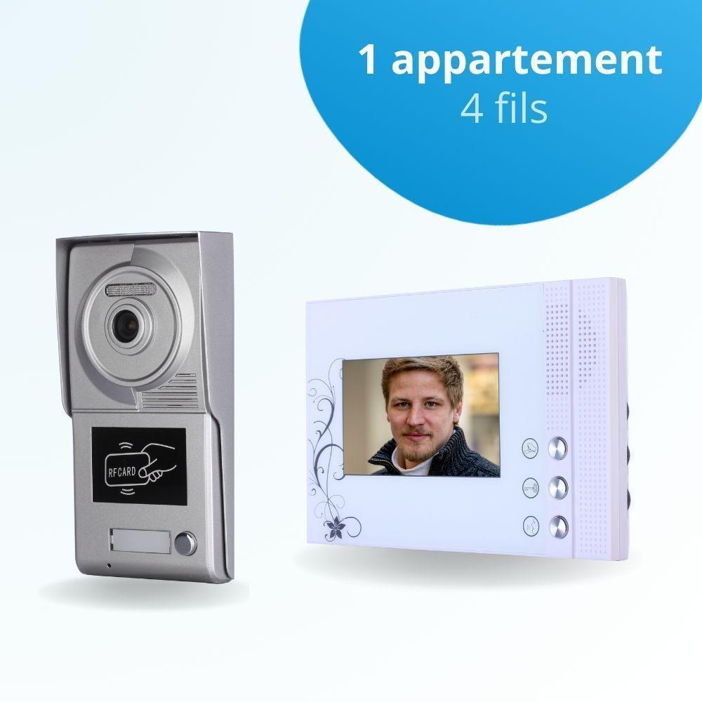 Portier interphone vidéo CLASSIC 4 Fils - 1 appartement - 1 écran blanc -  avec lecteur de badge - BT Security