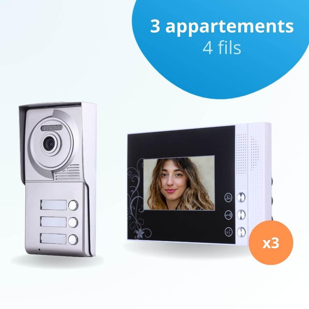 Portier interphone vidéo CLASSIC 4 Fils - 3 appartements - 3 écrans noirs -  BT Security