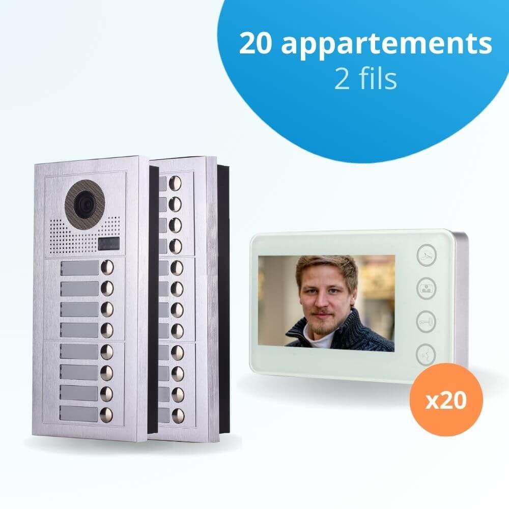 Portier interphone vidéo MODERN 2 Fils - 20 appartements - 20 écrans blancs  - BT Security