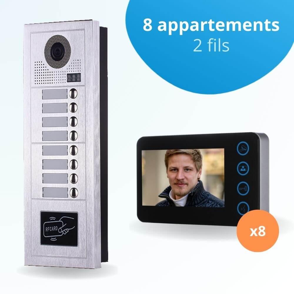 Portier interphone vidéo MODERN 2 Fils - 8 appartements - 8 écrans noirs -  avec lecteur de badge - BT Security