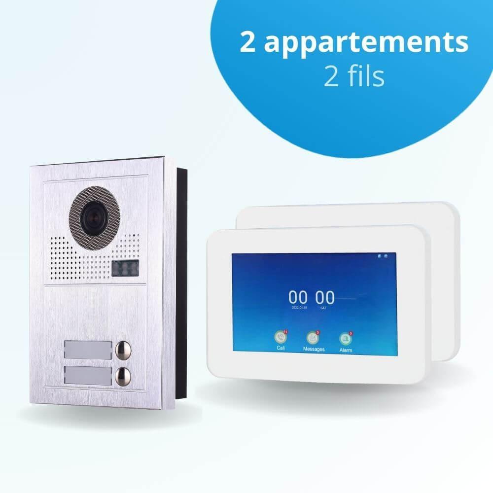 Interphone vidéo collectif pour copropriété de 2 appartements avec 2 écrans connectés 7 pouces