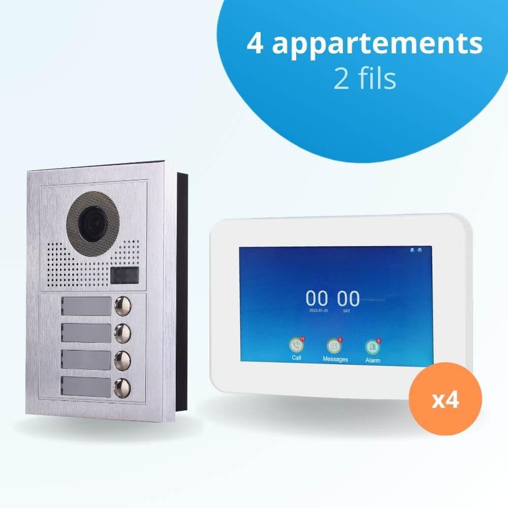 Interphone vidéo collectif pour copropriété de 4 appartements avec 4 écrans connectés 7 pouces