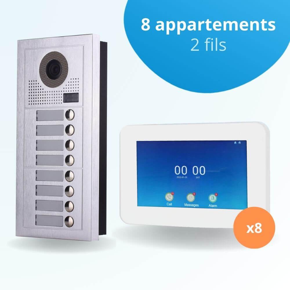 Interphone vidéo collectif pour copropriété de 8 appartements avec 8 écrans connectés 7 pouces
