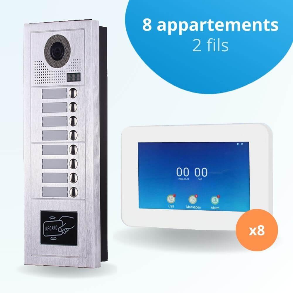 Interphone vidéo collectif pour copropriété de 8 appartements avec 8 écrans connectés 7 pouces