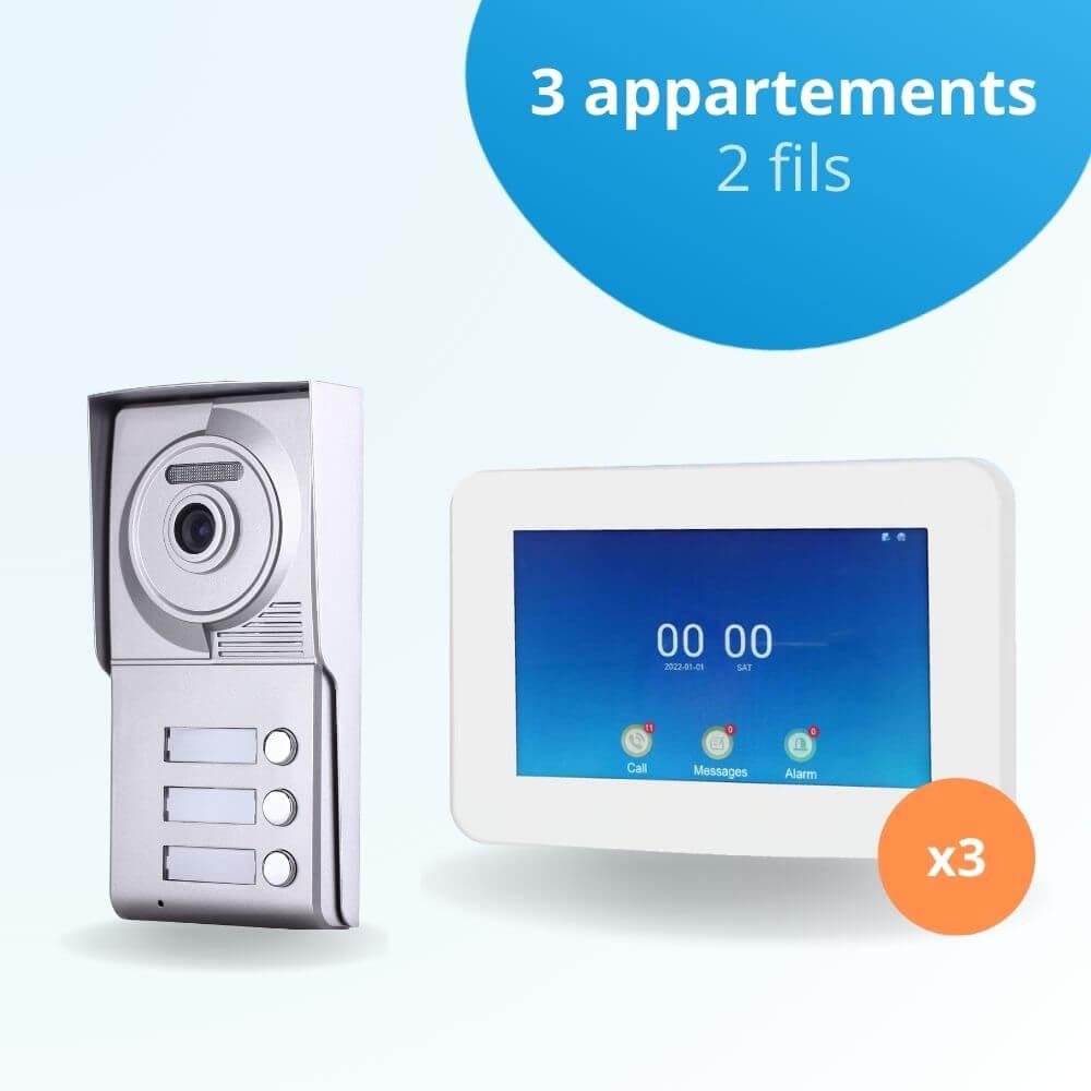 Interphone vidéo collectif pour copropriété de 3 appartements avec 3 écrans connectés 7 pouces