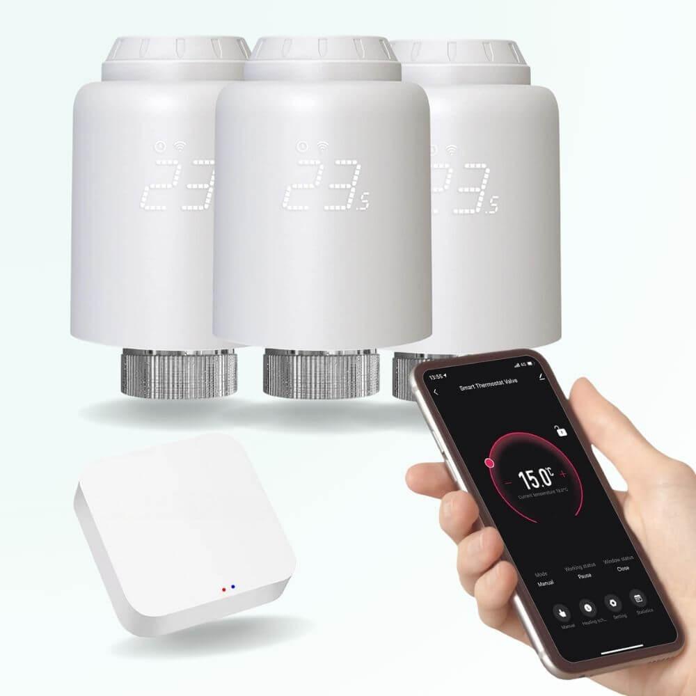 Pack de démarrage de Chauffage connecté programmable avec 3 têtes thermostatiques pour radiateur à hydraulique