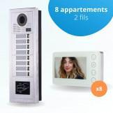 Portier interphone vidéo MODERN 2 Fils - 8 appartements - 8 écrans blancs - avec lecteur de badge