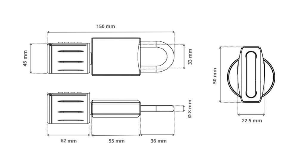 Dimensions du cadenas &eacute;lectronique LOCKY-6v3